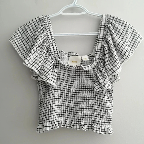 Anthropologie Maeve Gingham Plaid Smocked Ruffle Crop Blouse Flutter Sleeve XS - Picture 3 of 15